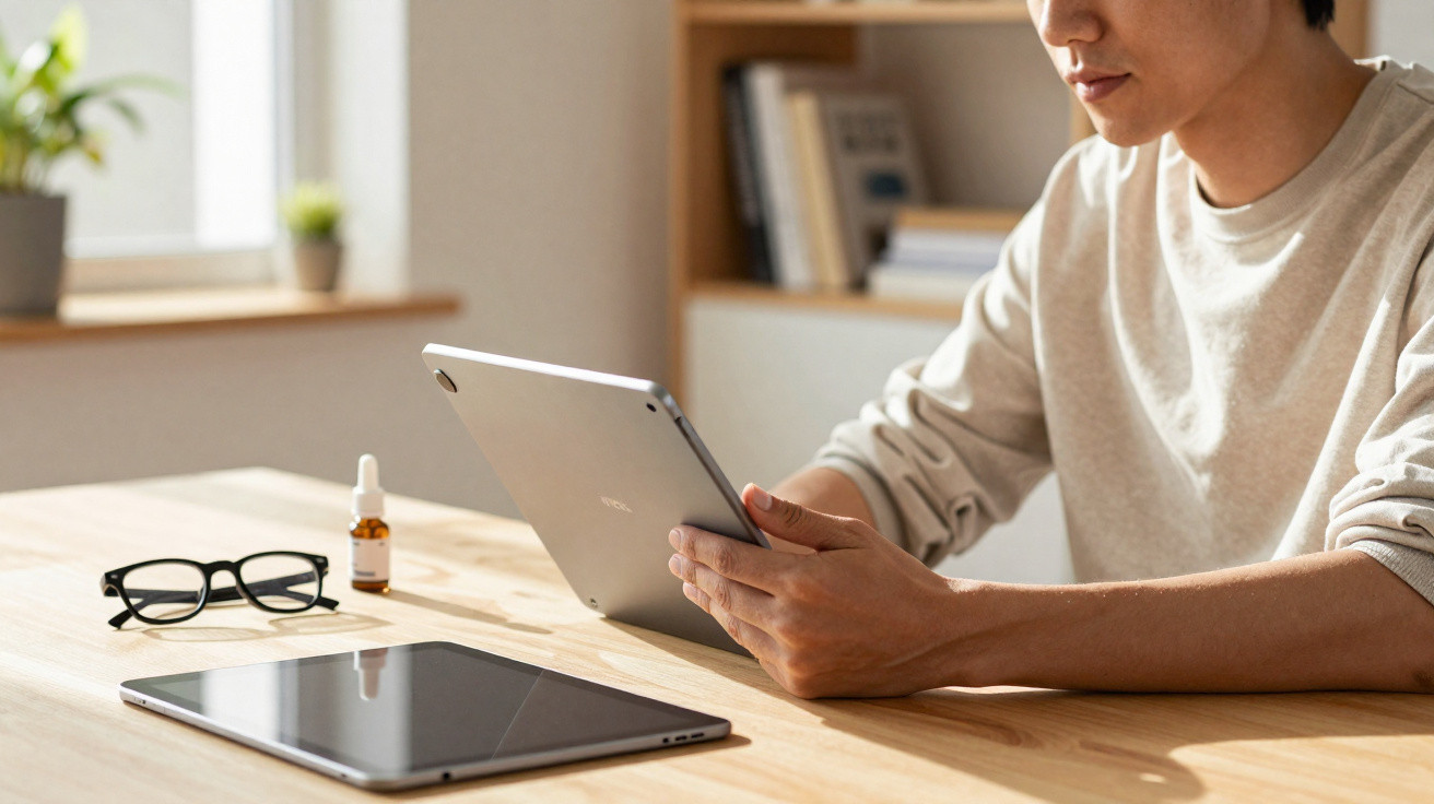 Pessoa a ler num tablet sentado numa secretária com óculos e outro tablet à frente.