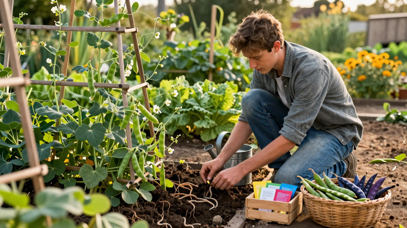 Homem jovem a plantar sementes numa horta com legumes frescos e vasos de plantas ao redor.