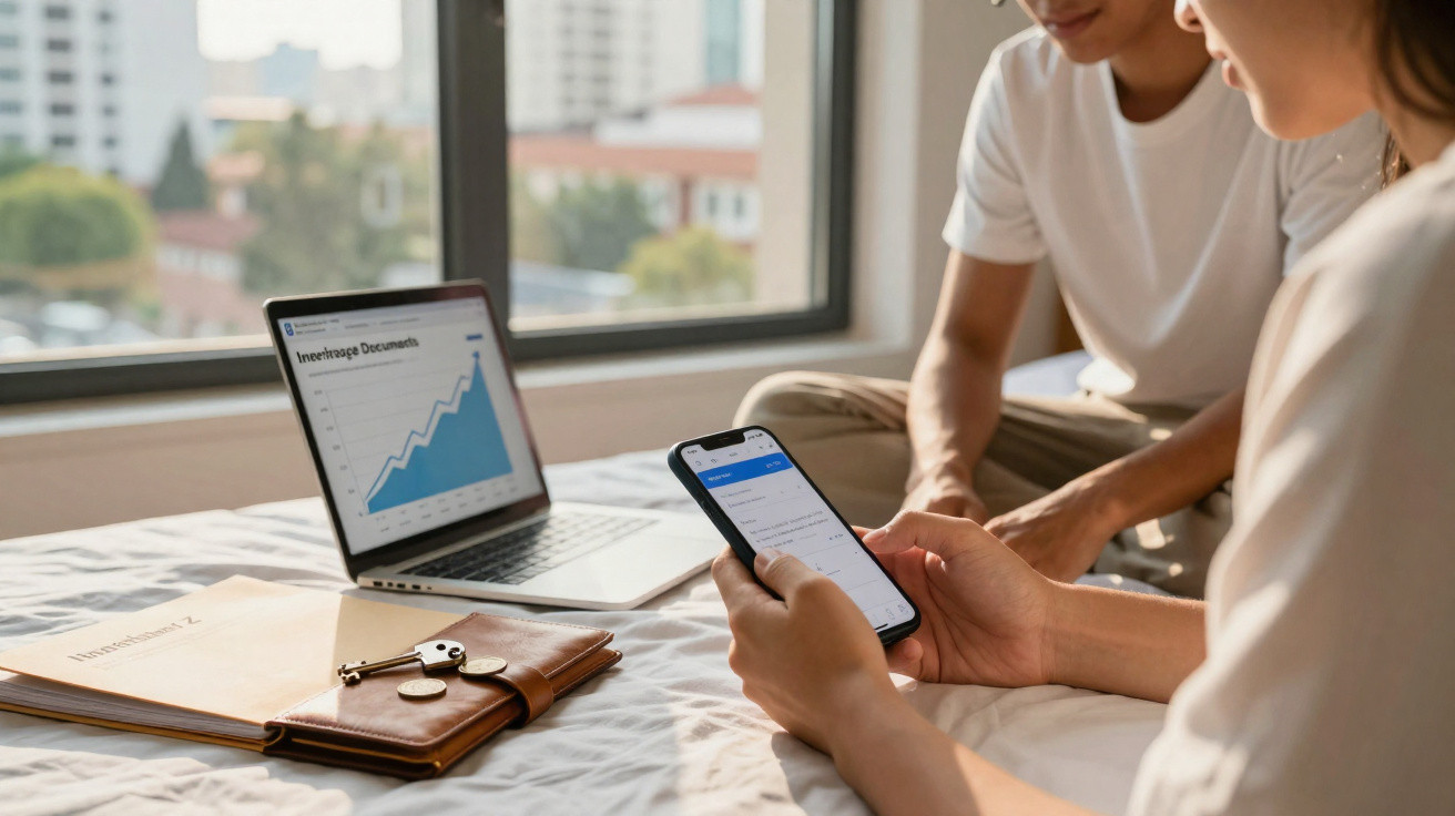 Duas pessoas consultam gráficos financeiros no computador portátil e telemóvel numa cama iluminada.