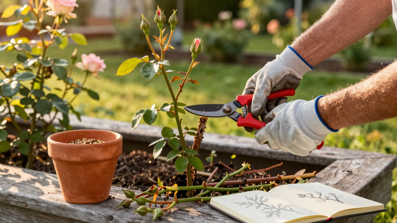 Pessoa a podar plantas de rosas com tesoura de poda, usando luvas de jardinagem, ao ar livre.