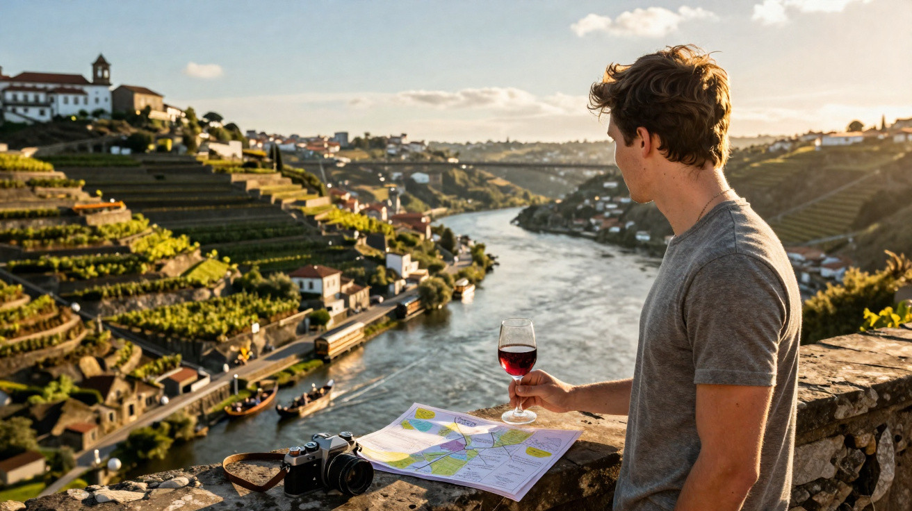 Homem a segurar copo de vinho tinto, olhando o rio Douro e vinhas nas encostas ao pôr do sol.