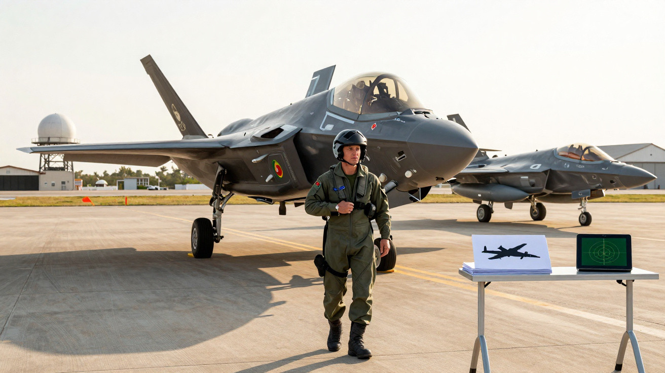 Piloto militar em fato de voo caminha em pista com dois caças stealth e mesa com radar e desenho de avião.