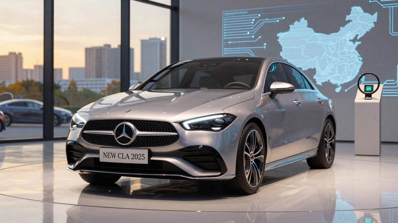 Carro Mercedes-Benz novo modelo CLA 2025 prata em exposição moderna com edifícios ao fundo.