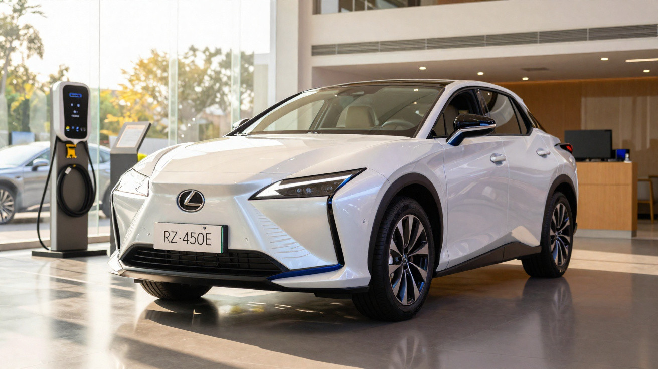 Carro elétrico Lexus branco estacionado numa garagem iluminada junto a uma estação de carregamento.