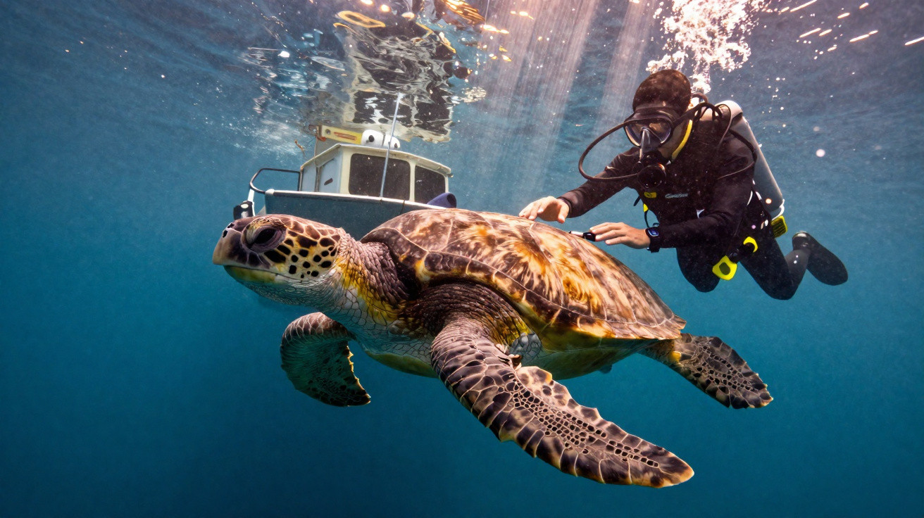 Mergulhador em roupa de mergulho a nadar perto de uma tartaruga marinha grande com barco ao fundo.