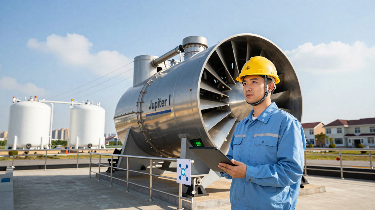 Engenheiro com capacete amarelo e tablet diante de turbina industrial Jupiter I ao ar livre.