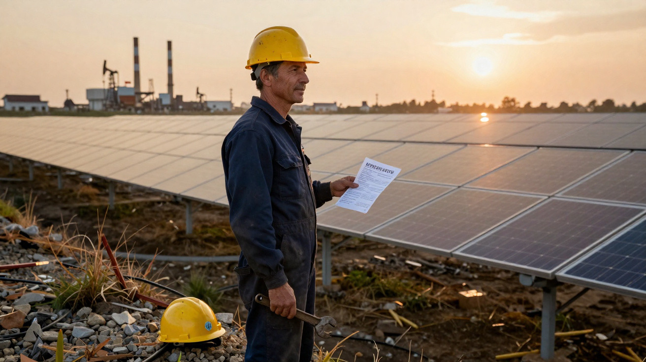 Homem com capacete amarelo verifica painéis solares ao pôr do sol numa instalação industrial.
