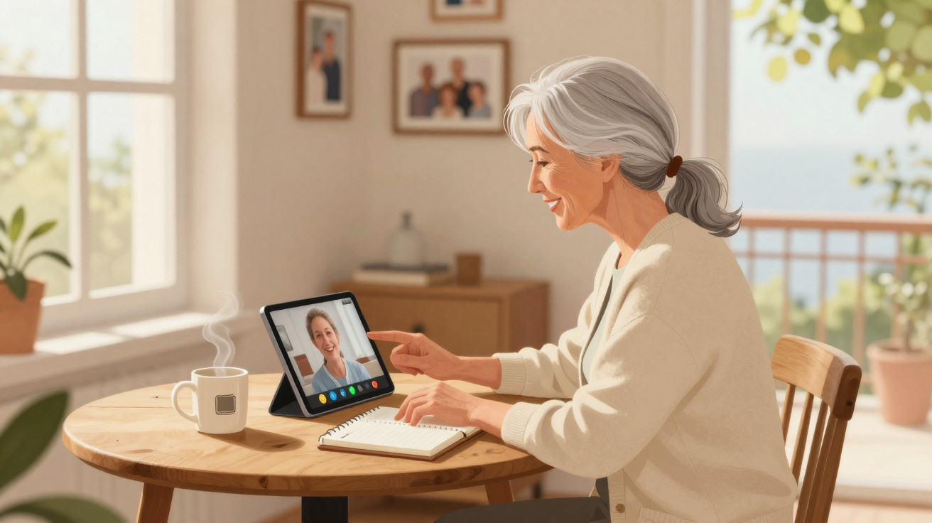 Idosa feliz em videochamada com outra mulher, sentada a uma mesa com bloco de notas e chá quente.