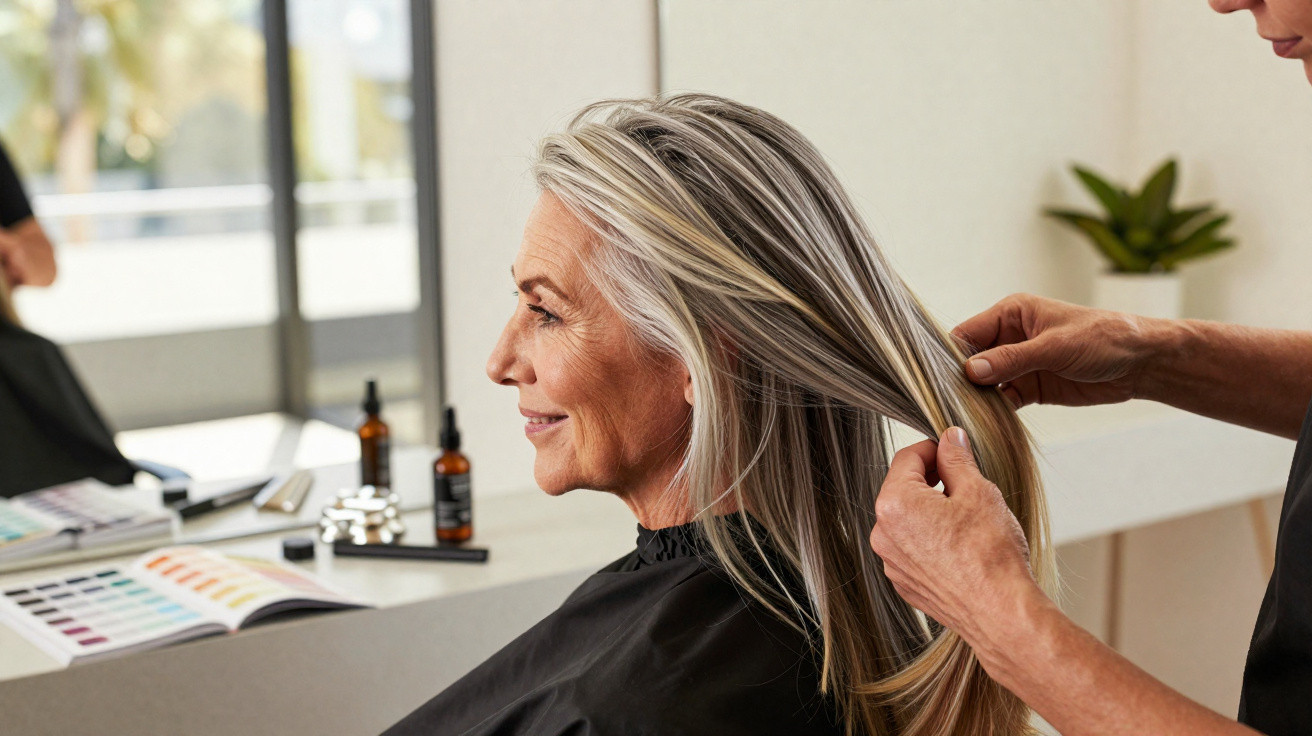 Mulher sénior satisfeita a receber tratamento capilar num salão com profissional a mexer no seu cabelo longo e grisalho.