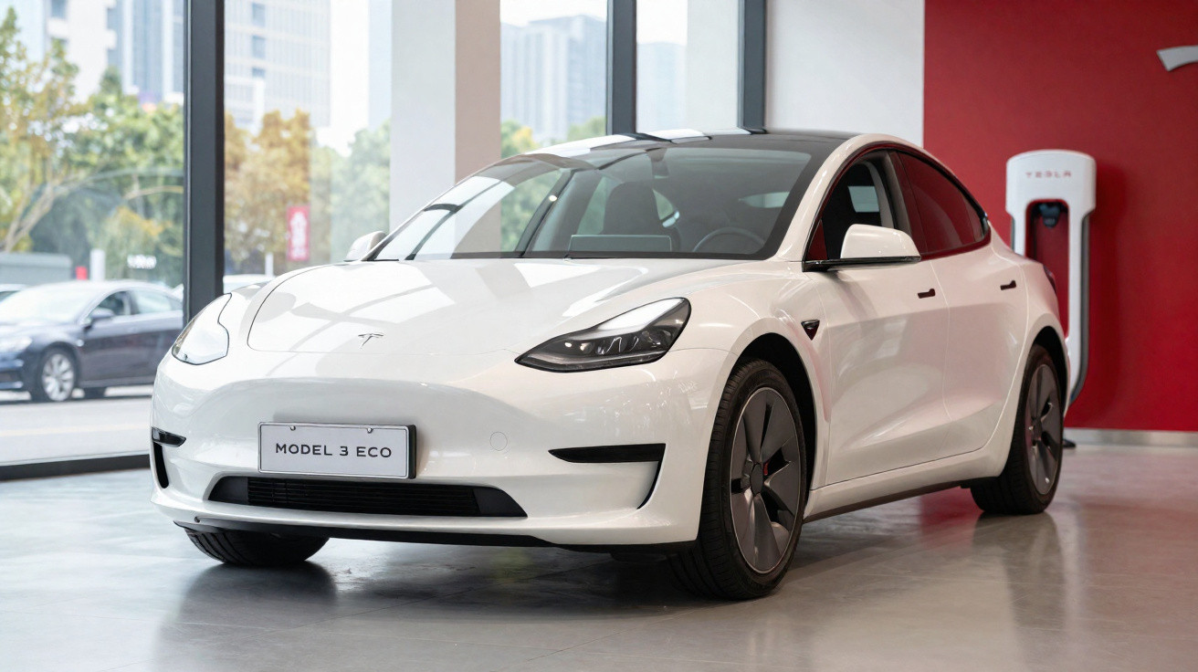 Carro elétrico branco Tesla Model 3 Eco estacionado em showroom com carregador Tesla ao fundo.