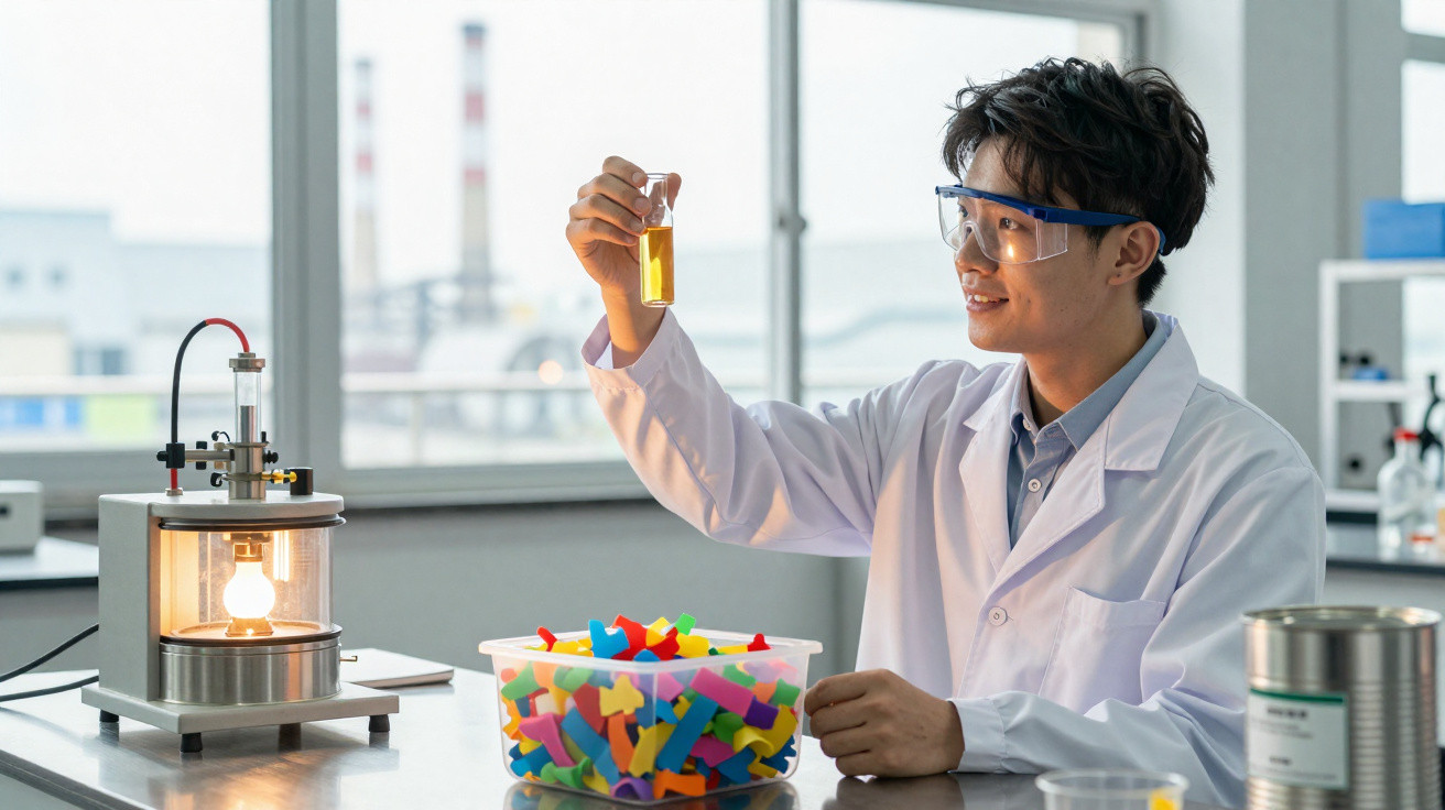 Cientista em laboratório a segurar um frasco com líquido amarelo e equipamento de análise ao lado.
