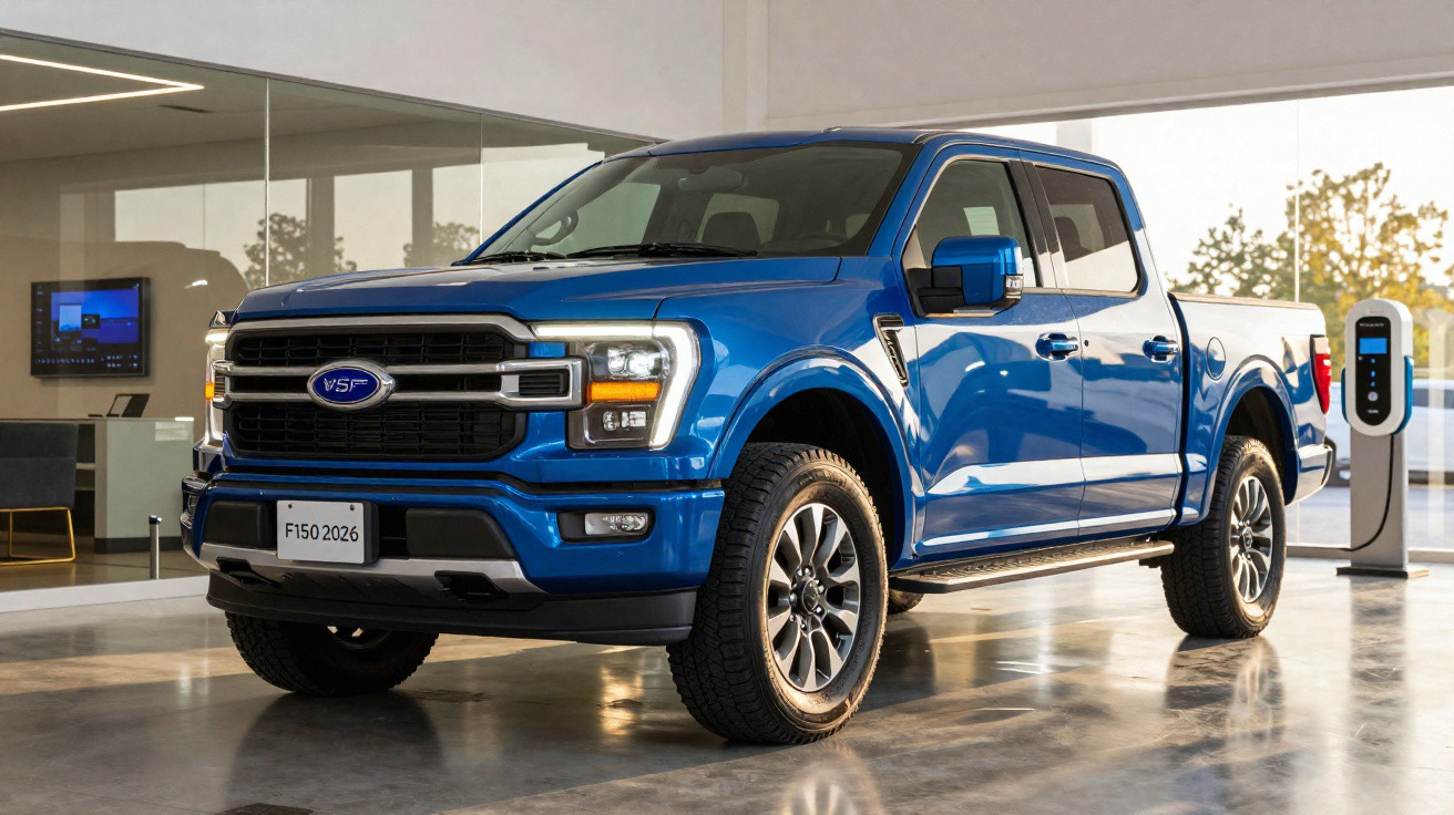 Picape azul elétrico Ford F150 2026 estacionada em showroom com estação de carregamento ao fundo.
