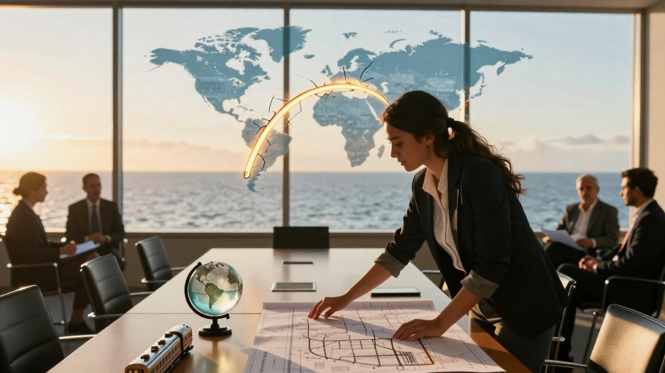 Mulher analisa planta numa sala de reuniões com mapa-mundo e mar ao fundo ao pôr do sol.
