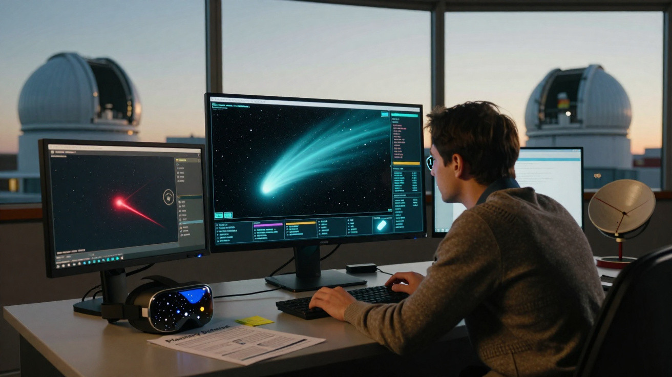 Pessoa a analisar imagens de cometa em vários ecrãs num laboratório com telescópios ao fundo ao pôr do sol.