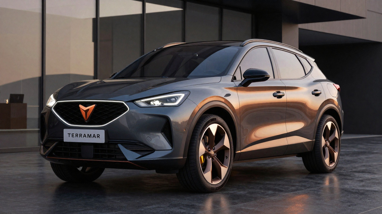 SUV CUPRA Terramar cinzento estacionado em piso exterior com edifício moderno ao fundo.