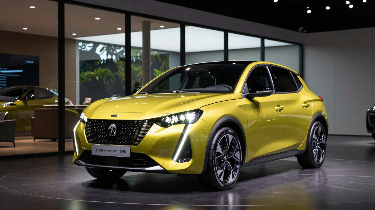 Carro compacto amarelo brilhante Peugeot 208 Hybrid 136 exibido num salão de carros moderno.