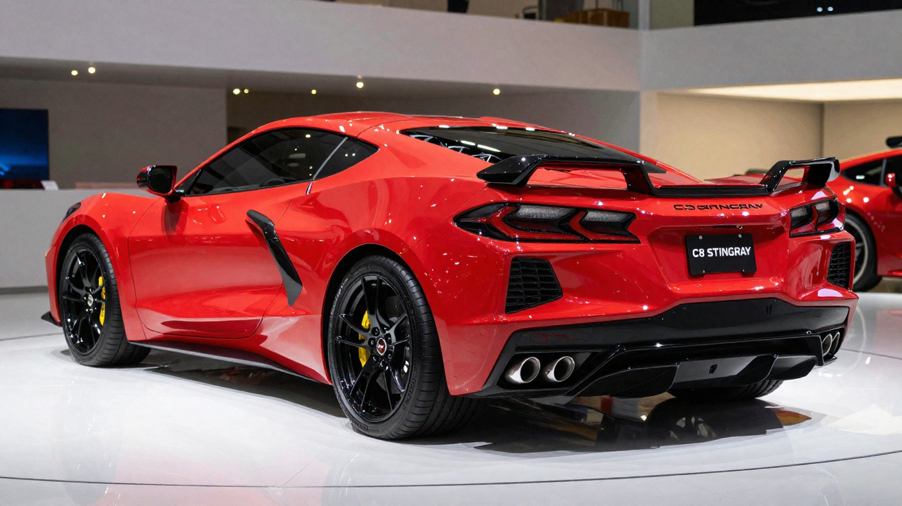 Carro desportivo vermelho Chevrolet C8 Stingray exposto em ambiente interior moderno.