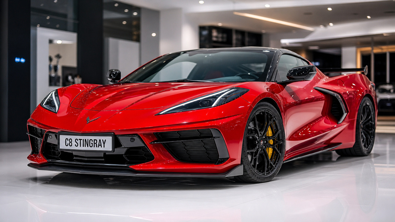 Carro desportivo vermelho Chevrolet Corvette C8 Stingray numa exposição interior moderna.