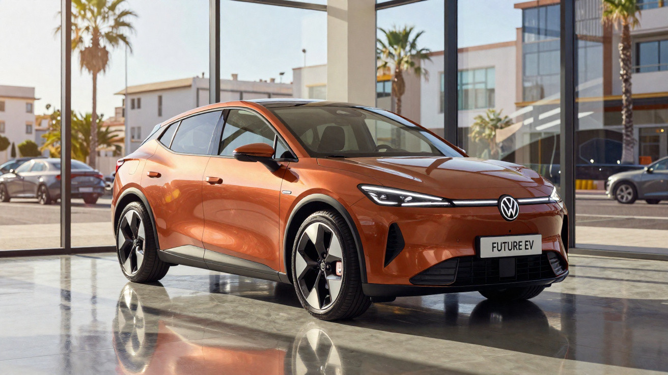 Carro elétrico Volkswagen futurista cor laranja estacionado dentro de showroom com janelas grandes.
