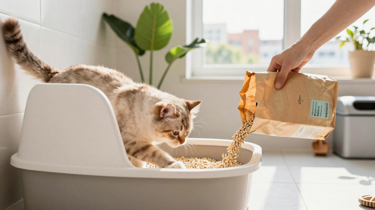 Gato dentro da caixa de areia enquanto uma mão despeja granulados de papel reciclado para gato.