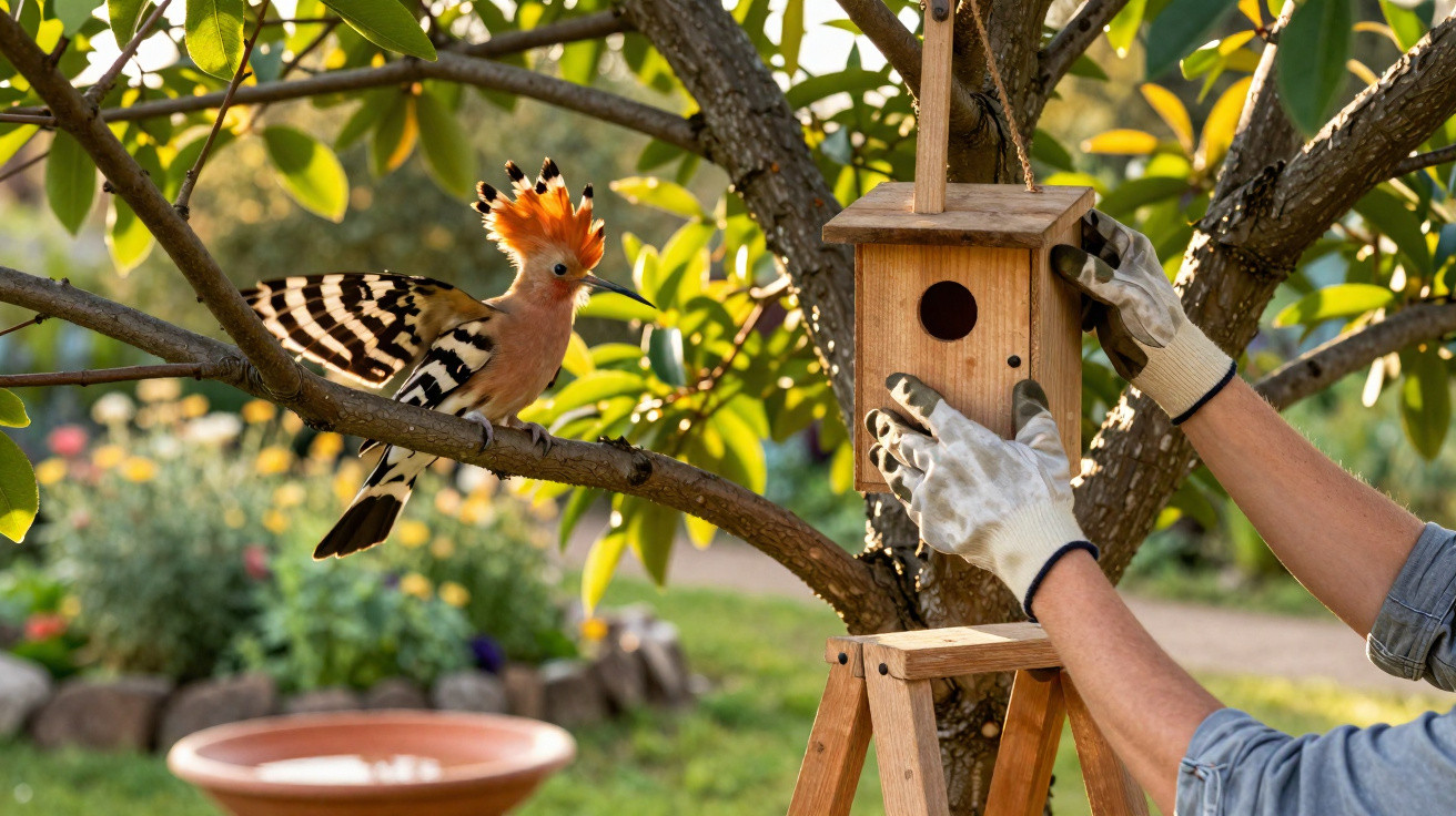 Pássaro com crista laranja numa árvore observa pessoa a instalar casa de madeira para aves.