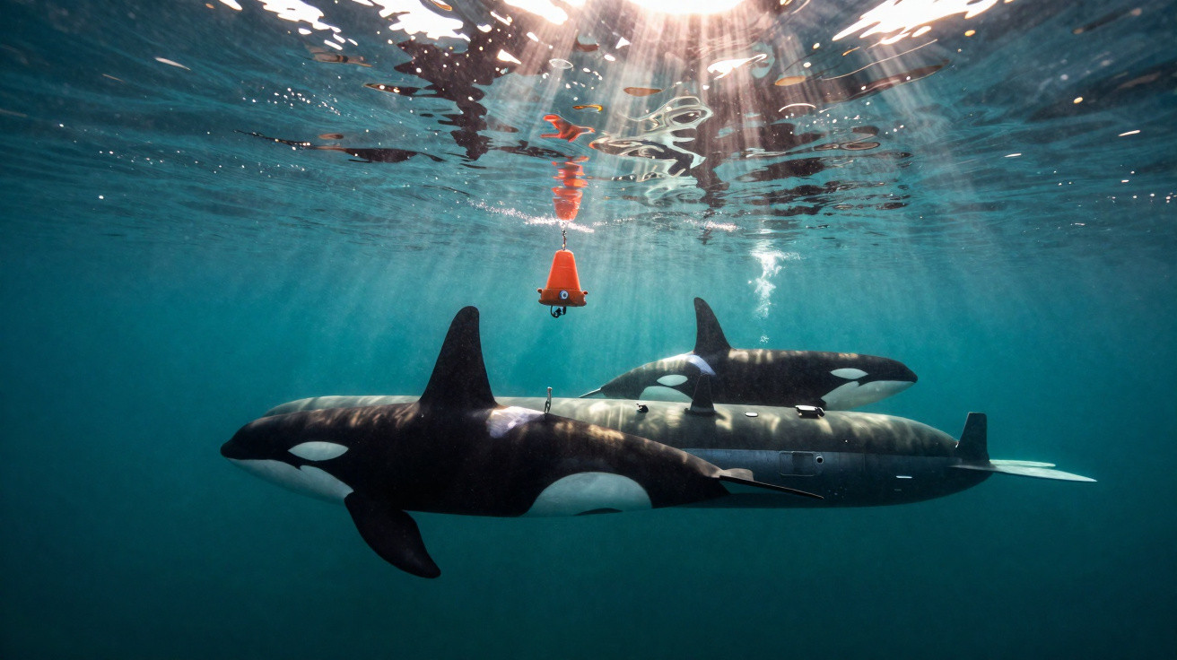 Orcas nadando junto a um submarino pequeno e uma boia vermelha na superfície da água.