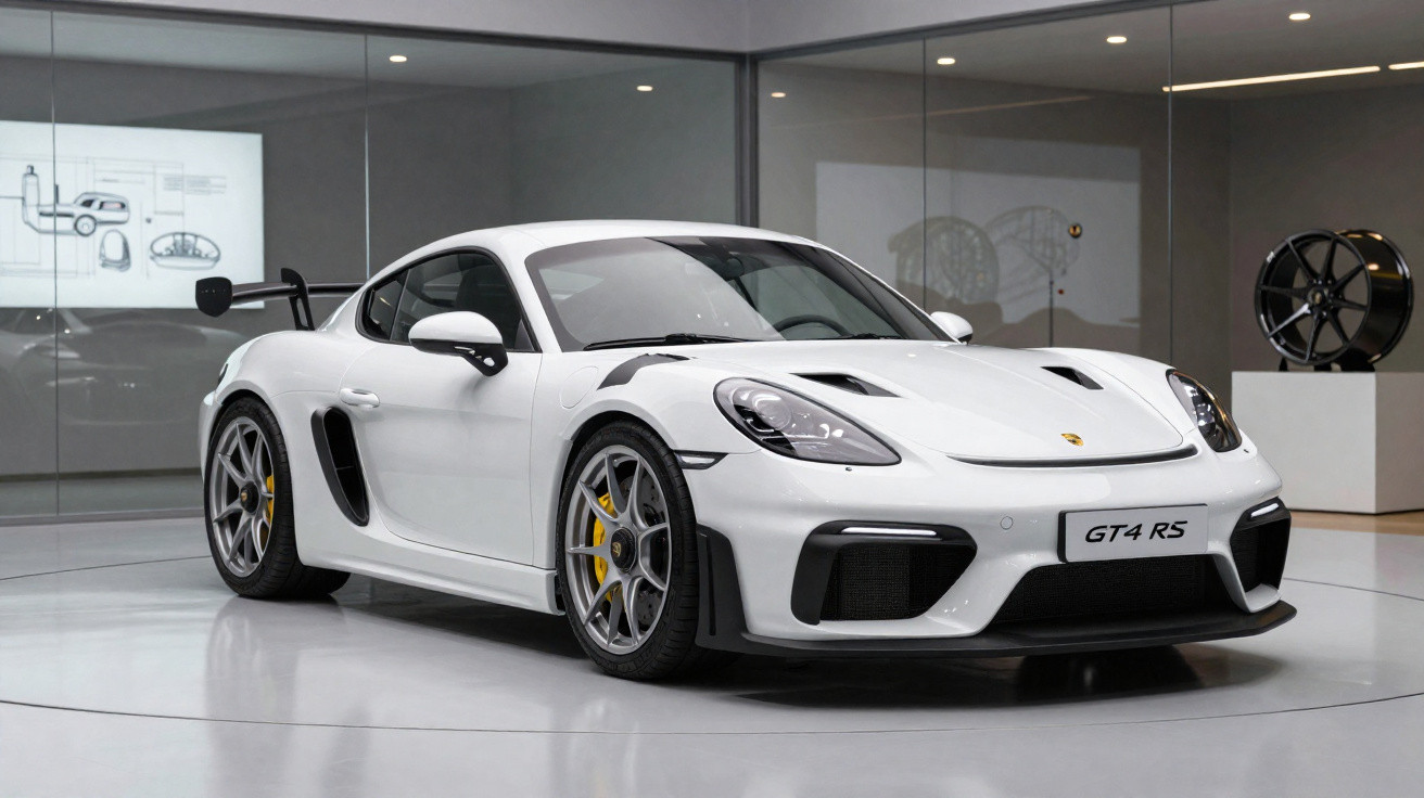 Carro desportivo Porsche branco GT4 RS estacionado num showroom moderno e iluminado.