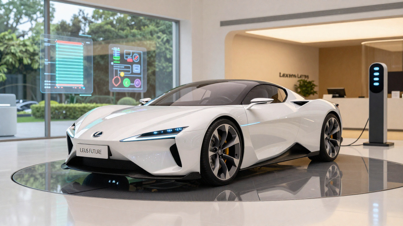 Carro elétrico desportivo branco a carregar numa estação numa sala moderna com janelas grandes.