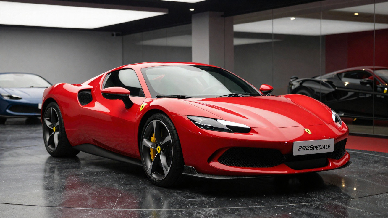 Carro desportivo vermelho Ferrari 292 Speciale estacionado em piso preto brilhante, rodeado por espelhos.