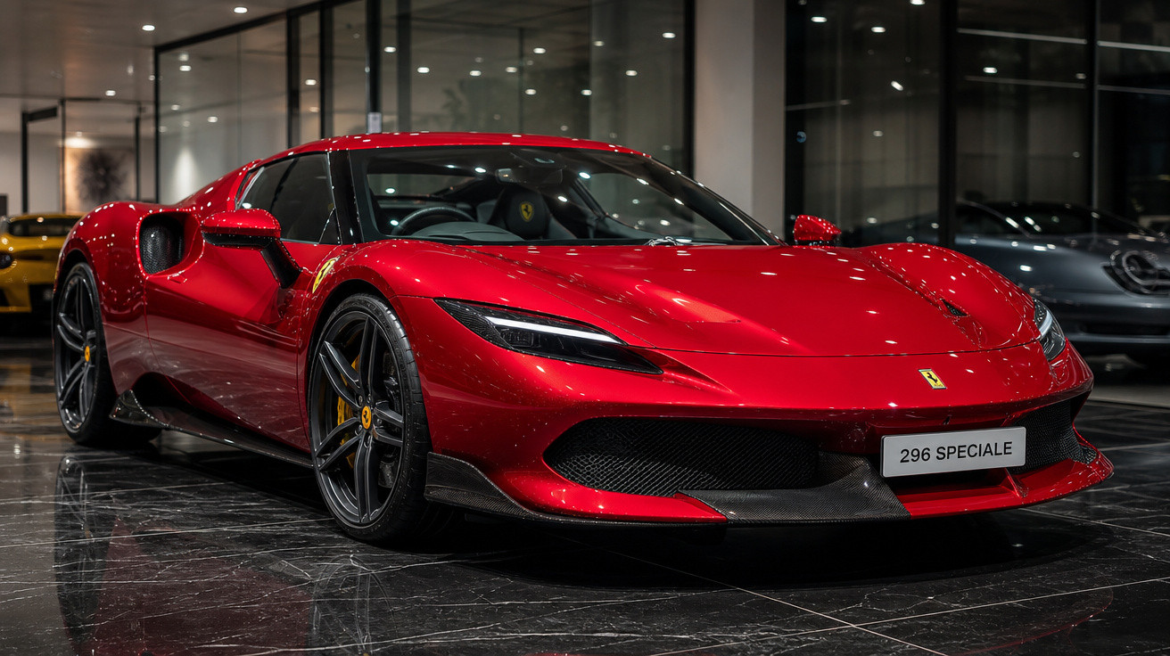 Carro desportivo vermelho Ferrari 296 Speciale numa exposição com chão de mármore preto.