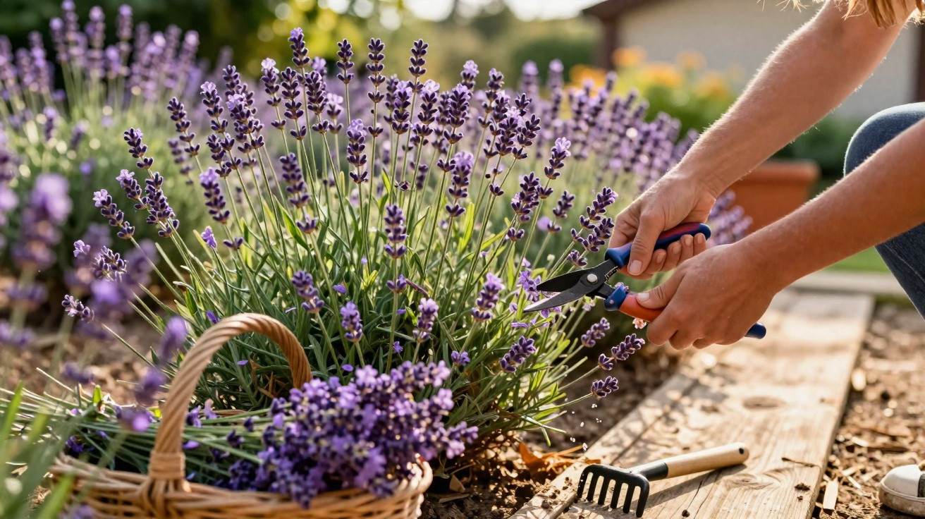 Pessoa a podar flores de lavanda num jardim com cesta de flores junto e ferramentas de jardinagem.