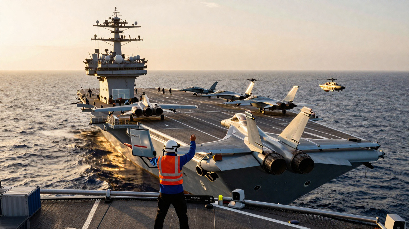 Porta-aviões no mar ao pôr do sol com jatos militares e um helicóptero em voo próximo.