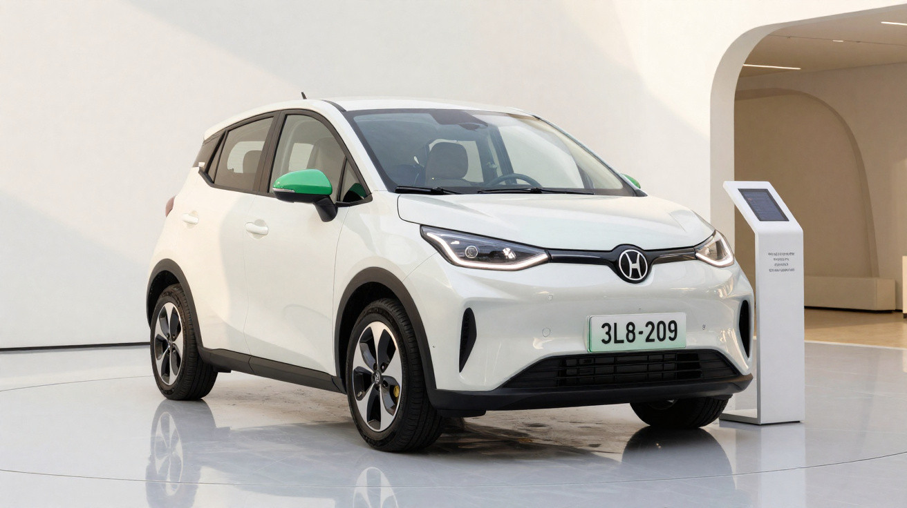 Carro elétrico branco com detalhes em verde exposto em ambiente moderno e minimalista.