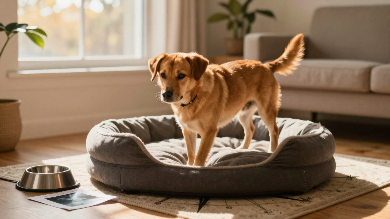 Cão castanho de pé numa cama cinzenta para animais numa sala iluminada com plantas e sofá ao fundo.