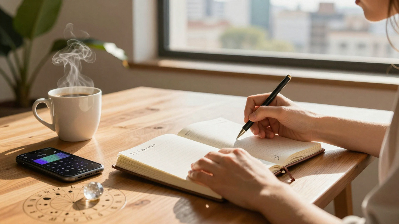 Pessoa a escrever num caderno numa mesa de madeira, com uma chávena de chá quente e telemóvel ao lado.