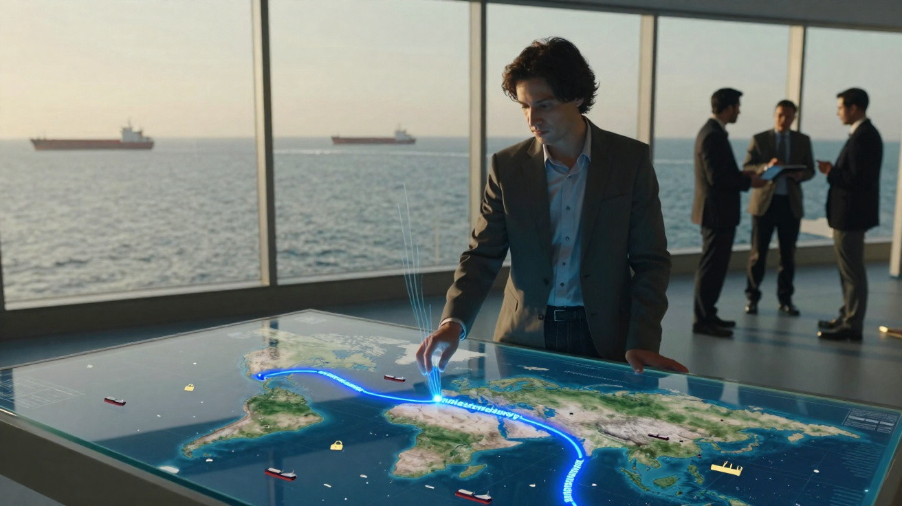 Homem a interagir com tabela digital mostrando mapa marítimo, navios e rota destacada em ambiente moderno com vista para o ma
