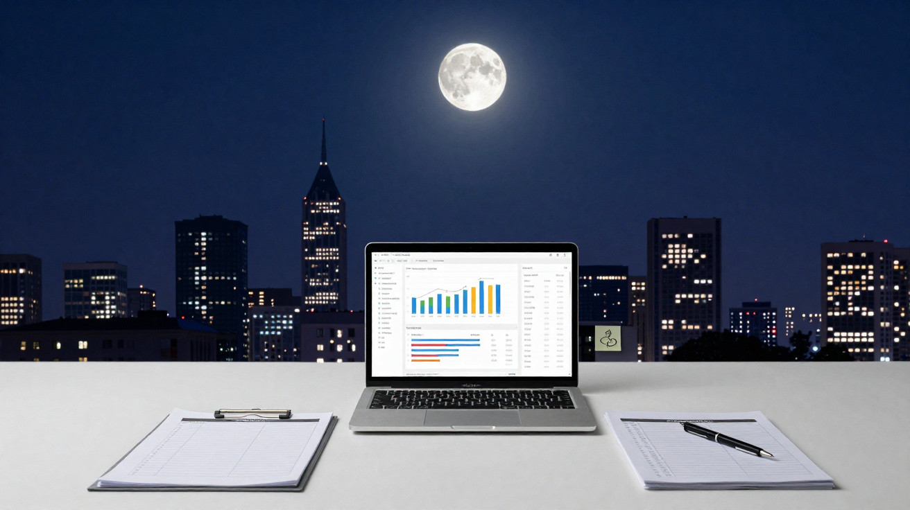 Mesa de trabalho com laptop a mostrar gráficos, pranchetas e caneta, com skyline urbano e lua cheia ao fundo durante a noite.