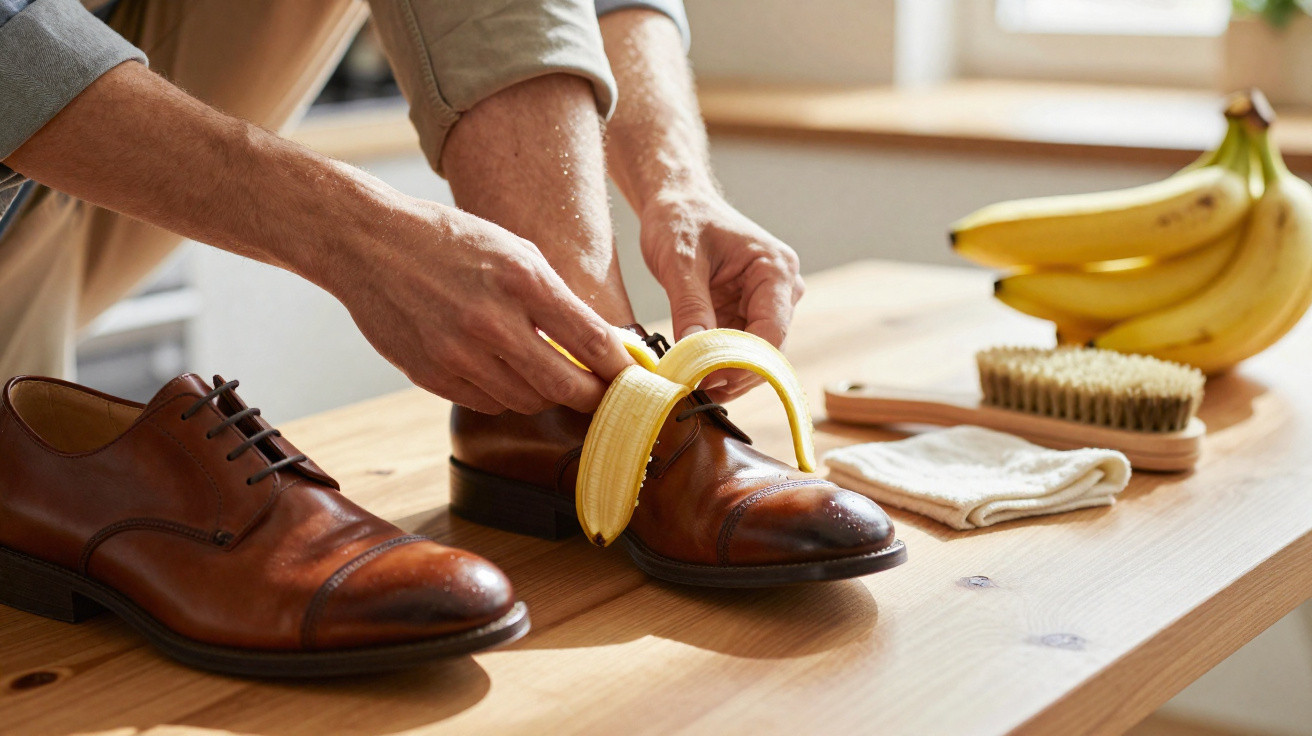 Pessoa a colocar uma banana descascada dentro de um sapato castanho num ambiente iluminado.