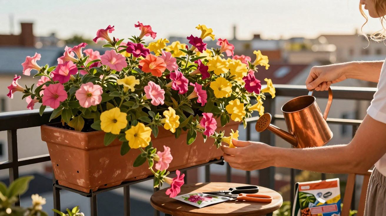 Pessoa a regar flores coloridas num vaso num terraço ensolarado ao entardecer.