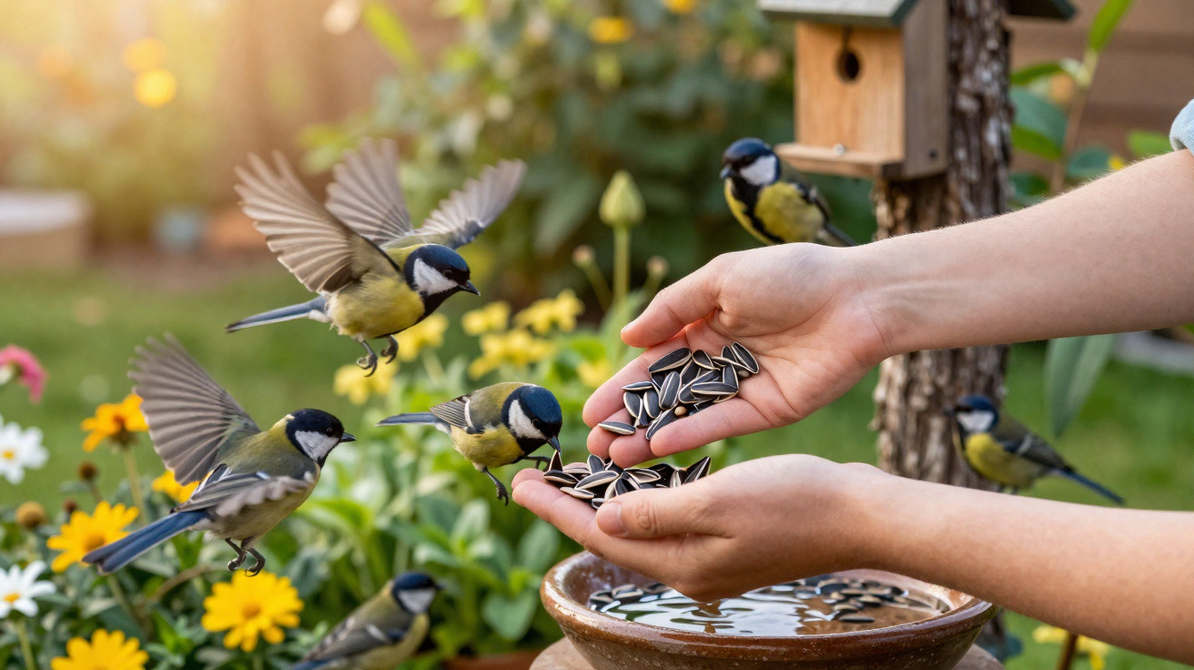 Mãos a alimentar pássaros com sementes num jardim florido, com comedouro e pássaros a voar e pousar.