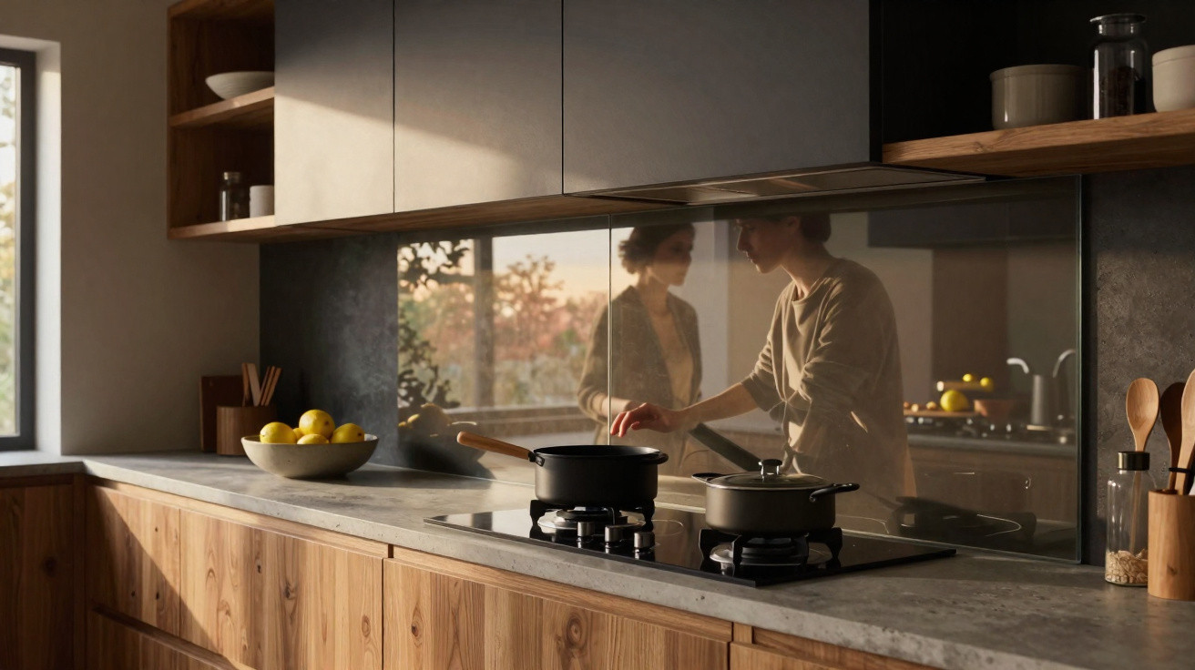 Cozinha moderna com fogão a gás, utensílios de madeira e reflexo de pessoa a cozinhar numa parede de vidro.