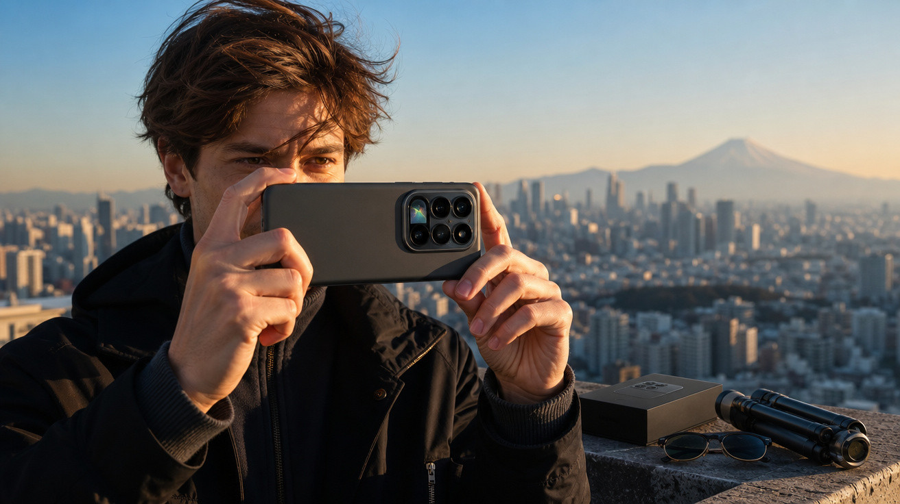 Jovem a tirar foto com smartphone no topo de edifício com cidade e montanha ao fundo ao pôr do sol.