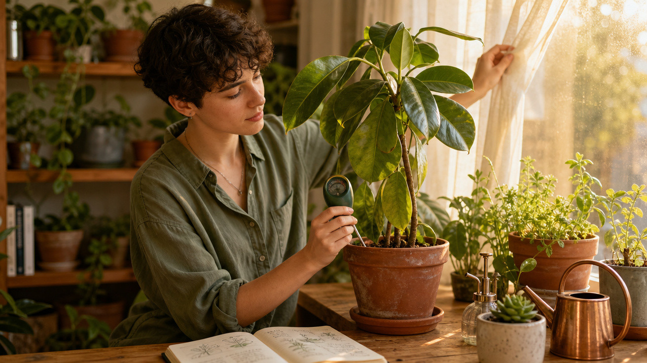 Mulher a medir a humidade do solo de uma planta à beira da janela com várias plantas em vasos.