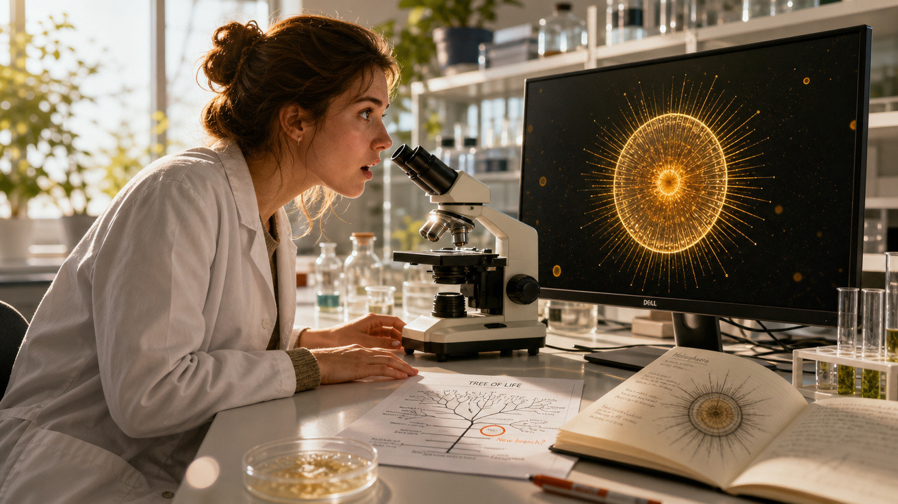 Cientista jovem a observar microscópio no laboratório com gráficos de partículas no computador e livros.