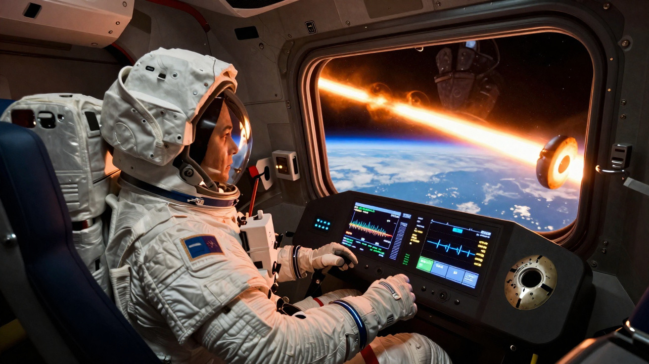 Astronauta dentro de cápsula espacial a observar planeta Terra e objeto incandescente a entrar na atmosfera.
