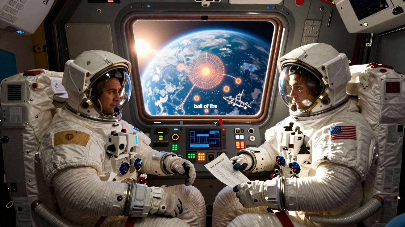 Dois astronautas em fatos espaciais dentro de uma nave, com vista da Terra pela janela.