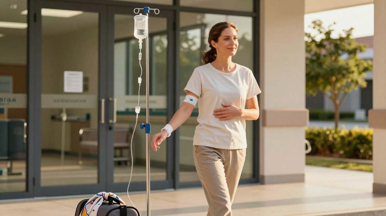 Mulher com infusão intravenosa a caminhar num edifício hospitalar com expressão serena.