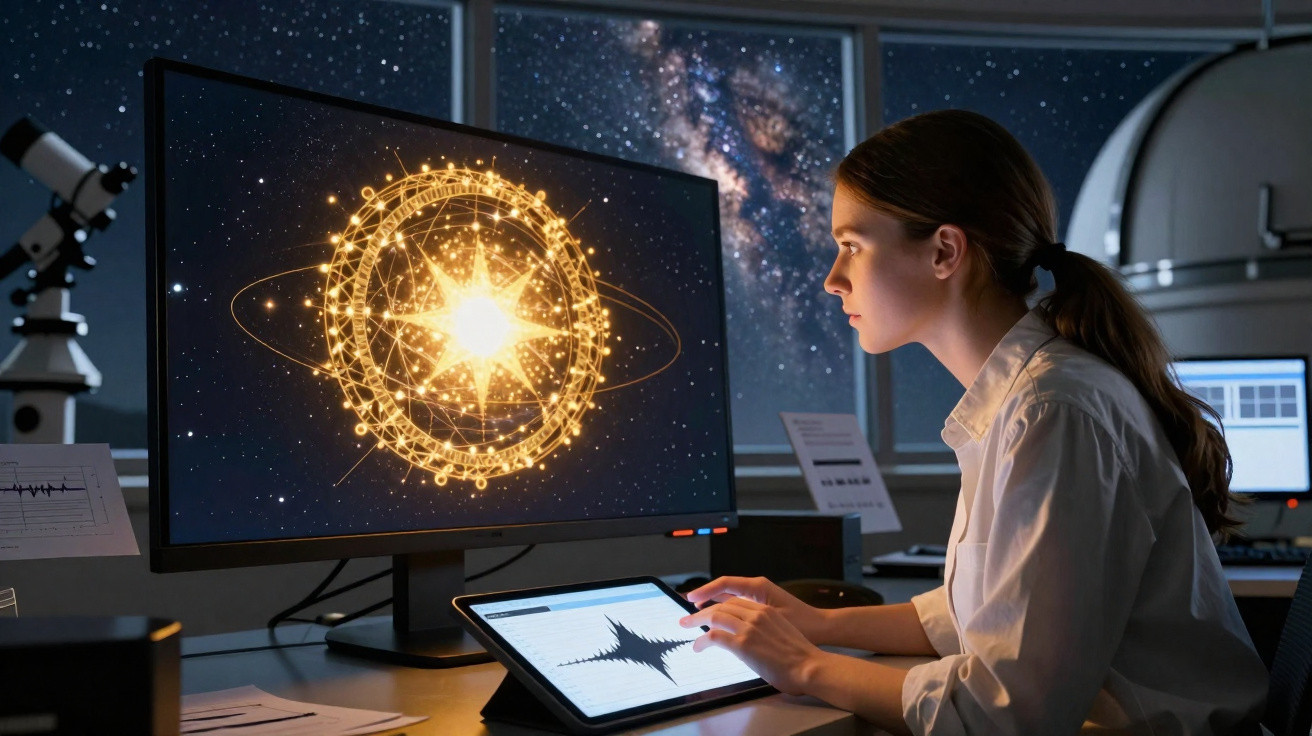 Mulher a analisar dados de uma estrela brilhante num computador num observatório astronómico à noite.