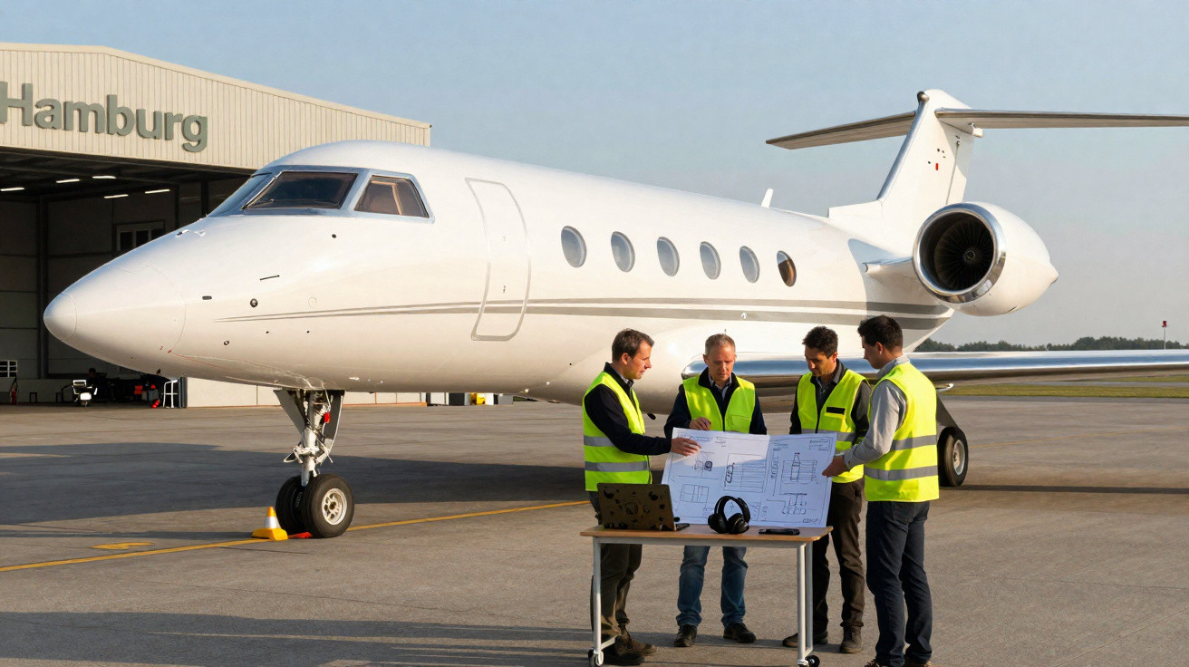 Quatro técnicos com coletes refletores analisam plantas em mesa junto a jato privado no aeroporto de Hamburgo.