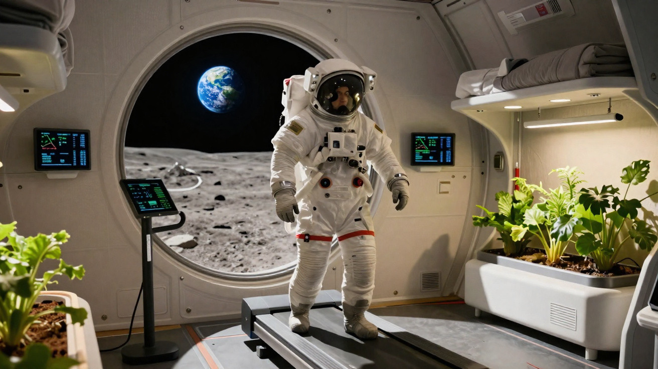 Astronauta em fato espacial numa base lunar com vegetação, a Terra visível pela janela circular.